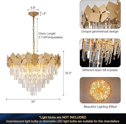 A AXILIXI Large Crystal Chandeliers 30'' Modern Gold Round Chandeliers for High Ceiling K9 6-Tier Large Brass Ceiling Chandelier Light Fixtures Luxury Chandelier for Staircase Foyer Living Room