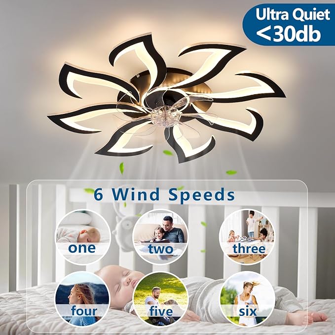 32" Black 8-Head Geometric Ceiling Fan with Lights Remote Control, Low Profile Ceiling Fan with Light for Kitchen Bedroom Living Room