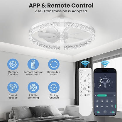 StarryEver LED Ceiling Fans with Lights and Remote, 18 inch Modern Smart Ceiling Fan, 6 Speeds and 3000K-6500K Stepless Dimmable Quiet Fan Lights Ceiling for Bedroom, Living Room, Dining Room, White