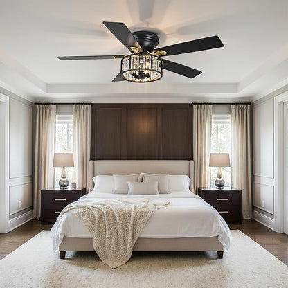 52" Crystal Farmhouse Ceiling Fan with Lights and Remote,Flush Mount Ceiling Fan,Chandelier with 5 Reversible Blades,3 E12 Base Lights,Quiet Motor for Living Room,Dining Room,Bedroom