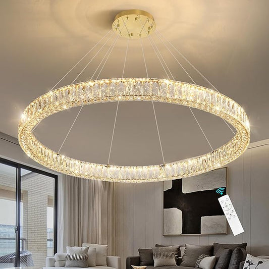 HAIXIANG Modern Crystal Chandelier Dimmable Large Ring LED Pendant Lights Adjustable Glam Chandeliers Lighting Fixtures for Dining Room Living Room Bedroom Gold Light