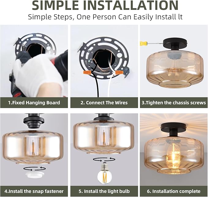 Glass Semi Flush Mount Ceiling Light, Modern Close to Ceiling Light Fixtures with Amber Glass Shade, 11" Round Light Fixtures Ceiling Mount for Bathroom Dining Room Bedroom Living Room Hallway, E26