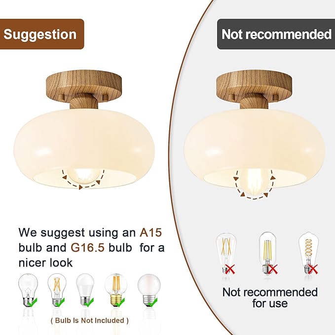 WOKNOS Mid-Century Modern Semi Flush Mount Ceiling Light, Faux Wood Kitchen Ceiling Light Fixture with Glass Shade, Vintage White Close to Ceiling Lamp for Entryway Hallway Bathroom (8.66 Inch)