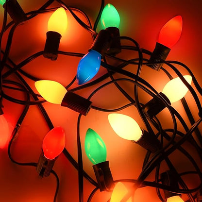 100FT C7 Multicolor Christmas Lights Outdoor, Vintage Christmas Lights String with 100+5 LED Colorful Bulbs, Hanging Christmas String Light for Home Patio Party Indoor Outdoor Christmas Decorations