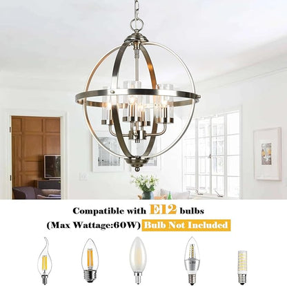 Treekee Chandelier Farmhouse Hanging Lighting, 4-Light Globe Orb Chandelier, Adjustable Modern Farmhouse Pendant Light Fixture for Dining Entryway Foyer, Brushed Nickel Finish