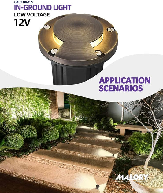 MALORY Brass Top Cover Landscape Well Lights,(6''H) 12V Low Voltage Outdoor In Ground Lights,Landscape Lighting for Pathway, Driveway and Garden (Two-Direction Turret, 10-Pack with Bulb)