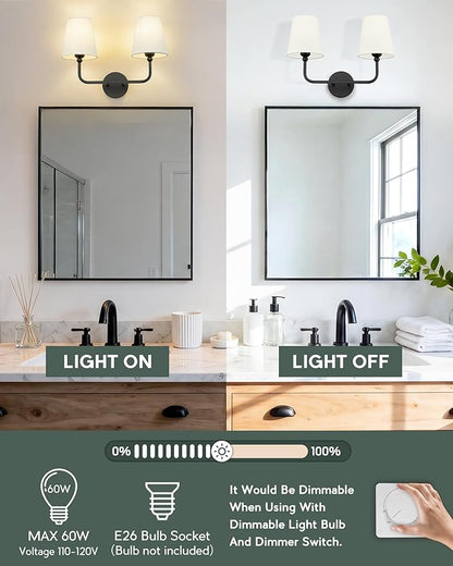 2-Light Bathroom Light Fixtures, Matte Black Vanity Lights, Double Wall Sconce with Beige Fabric Shade, Modern Sconces Wall Lighting for Hallway Bedroom Stairway, VL837-MB-B-2