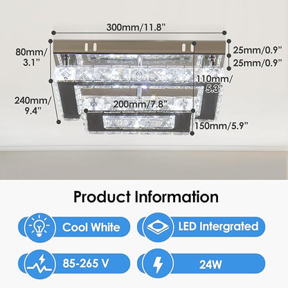 Finktonglan Crystal LED Flush Mount Ceiling Light, 11.8"×9.1" Rectangular Close to Ceiling Light, 24W 6500K Cool White Daylight, K9 Crystal & Stainless Steel, Non-Dimmable