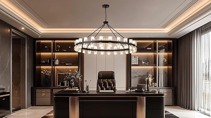 48 Inch Black Wagon Wheel Chandelier with Crystal Shade, 48 Lights, Modern Farmhouse Style, Ideal for Dining Room, Kitchen, Entryways
