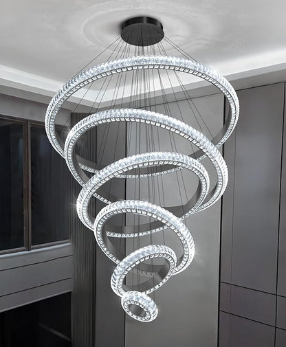 47" 6 Ring Crystal Chandelier Modern LED Dimmable Ring Pendant Light Chandelier for Dining Room Living Room Black