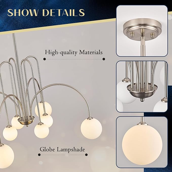 8-Light Brushed Nickel Modern Sputnik Chandelier Luxury Large L41”Mid Century Milk Glass Globe Ceiling Pendant Lighting for Foyer Living Dining Room Kitchen Staircase Foyer