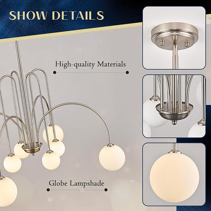 8-Light Brushed Nickel Modern Sputnik Chandelier Luxury Large L41”Mid Century Milk Glass Globe Ceiling Pendant Lighting for Foyer Living Dining Room Kitchen Staircase Foyer