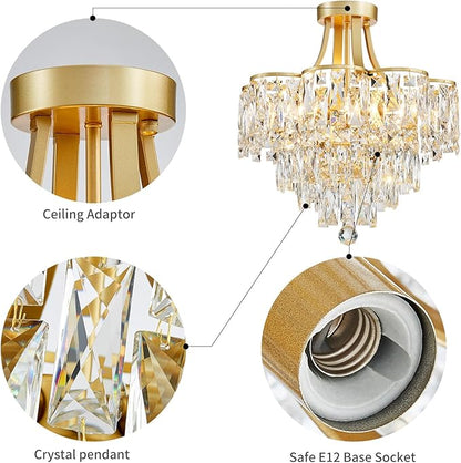 WUZUPS Crystal Chandelier Semi-Flushmount Ceiling Light Modern Lighting Fixture for Bedroom Hallway Entry Kitchen Bathroom, H 19.3" x W 18.3", E12 Base, Gold