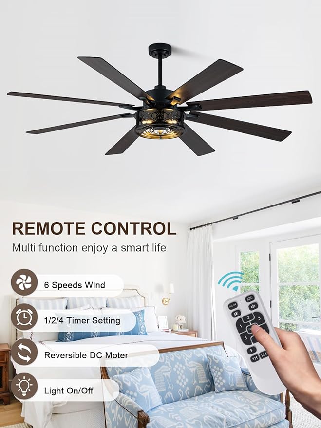 72 Inch Farmhouse Ceiling Fan with Lights and Remote Large Rustic Ceiling Fan Black Caged Fandelier Industrial Chandelier Light, Reversible Quiet DC Motor 6 Speed for Indoor Outdoor