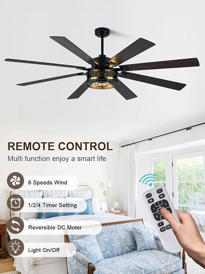 72 Inch Ceiling Fan with Lights and Remote Large Farmhouse Ceiling Fan Black Caged Fandelier Industrial Rustic Chandelier Light, Reversible Quiet DC Motor 6 Speed for Indoor Outdoor