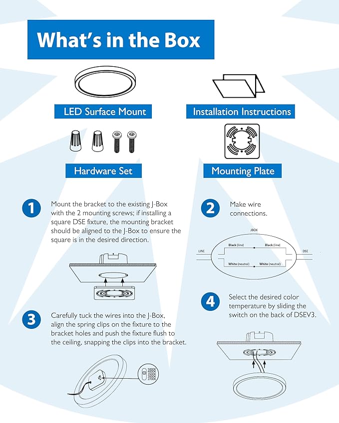 4” Square LED Surface Mount Ceiling Light - Dimmable Ceiling Light for Kitchen - Selectable CCT 2700K-5000K, 617-643 Lumens, 10.7W - DSE Edge-Lit Downlights for Ceiling, White by NICOR Lighting
