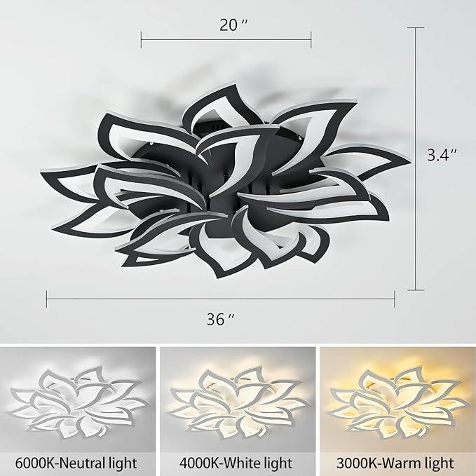 36" Black Modern Geometric Dimmable Ceiling Light Fixture, 15 Leaves Low Profile Flush Mount Ceiling Light for Kitchen, Bedroom, Living Room