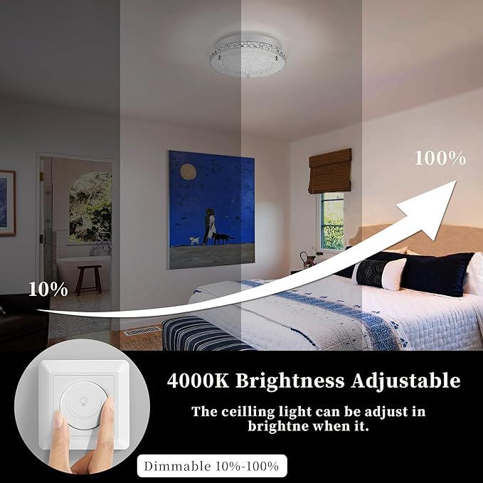 Crystal Ceiling Light 13 Inch Flush Mount Ceiling Light Fixture 4000K Dimmable Chandelier Modern Ceiling Lamp for Bedroom Bathroom Kitchen Island