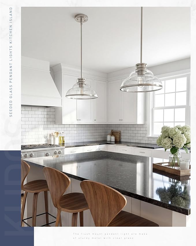 kudos 2 Pack Pendant Lights Kitchen Island, 11" Brushed Nickel Kitchen Island Lighting with Seeded Glass, Farmhouse Hanging Light Fixture for Kitchen Sink Dining Room Hallways, KDPL14-BN-2PK