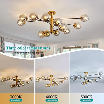 hesoge Large 12 Light Sputnik Semi Flush Mount Ceiling Light Fixture Gold Mid Century Modern Chandelier with Glass Globe Close to Ceiling Light for Living Room Kitchen Dining Room Bedroom.