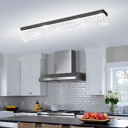 ykolupty L 40" Modern Rectangle Chandelier Black Rectangular Flush Mount Chandelier Crystal Ceiling Light Fixture for Dining Living Room Kitchen Island