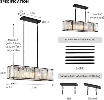 Siljoy Modern Rectangular Crystal Chandelier, 5 Lights Black Rectangle Raindrop Chandelier Lighting, Industrial Linear Pendant Ceiling Light Fixture for Dining Living Room Kitchen Island L33.5''
