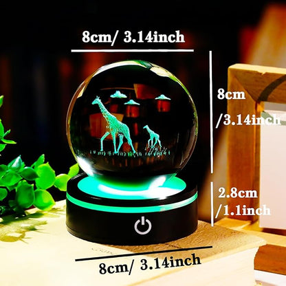 YWHL Giraffe Gifts for Women Men, 3D Giraffe Figurine Crystal Ball Decor with Colorful Light Base, Gifts for Giraffes Lovers on Birthday(80mm)