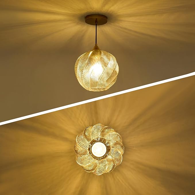 Amber Glass Gold Pendant Light, Farmhouse Kitchen Island Pendant Light Fixture Circular Shade, Adjustable Vintage Hanging Ceiling Light for Dining Room Corridor 1 Pack, UL Certification