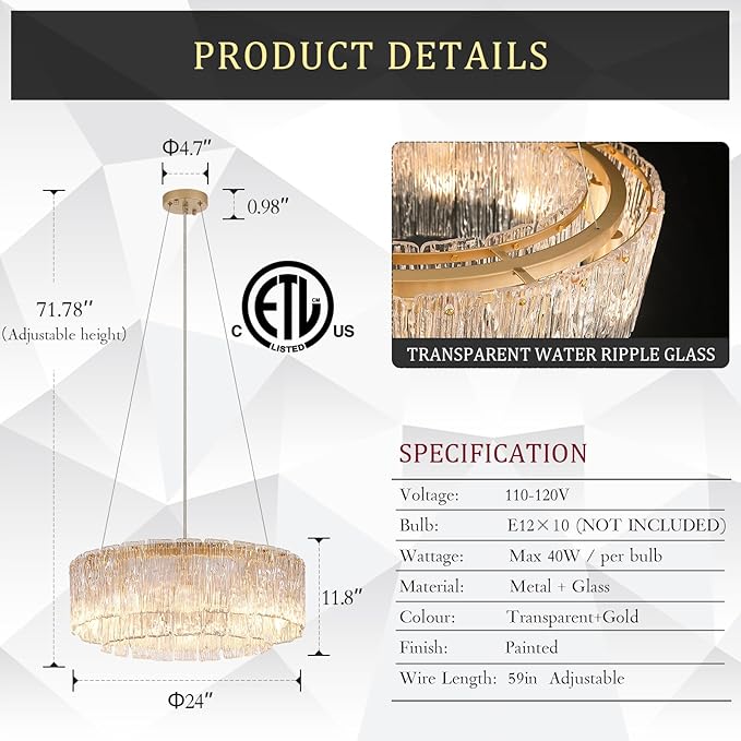 CATINER Gold Chandeliers 24”Modern Crystal Glass Round Chandelier 10-Light Drum Pendant Ceiling Light Fixtures Luxury 2 Tiers Hanging Chandelier for Dining Room Foyer Living Room Bedroom