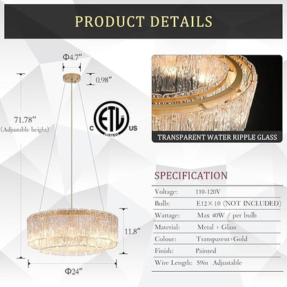CATINER Gold Chandeliers 24”Modern Crystal Glass Round Chandelier 10-Light Drum Pendant Ceiling Light Fixtures Luxury 2 Tiers Hanging Chandelier for Dining Room Foyer Living Room Bedroom