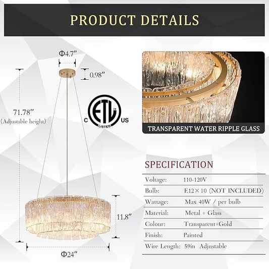 CATINER Gold Chandeliers 24”Modern Crystal Glass Round Chandelier 10-Light Drum Pendant Ceiling Light Fixtures Luxury 2 Tiers Hanging Chandelier for Dining Room Foyer Living Room Bedroom