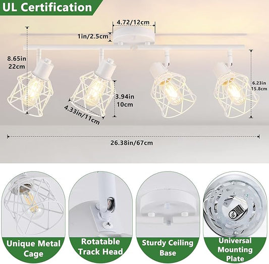 Baocuz 4-Lights Kitchen Light Fixtures Ceiling Mount, Adjustable Multi-Directional White Flush Mount Ceiling Light Fixture with Metal Cage, Modern Spot Ceiling Lamp for Hallway, Dining Room, Bedroom