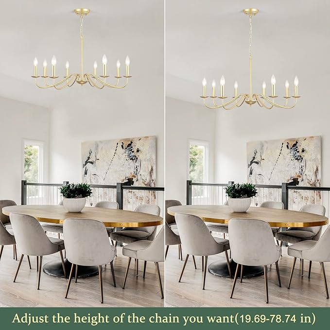 Gold Chandelier 8-Light Modern Farmhouse Chandelier Lighting Fixtures Rustic Candle Hanging Chandelier for Living Room Foyer Hallway Bedroom Kitchen