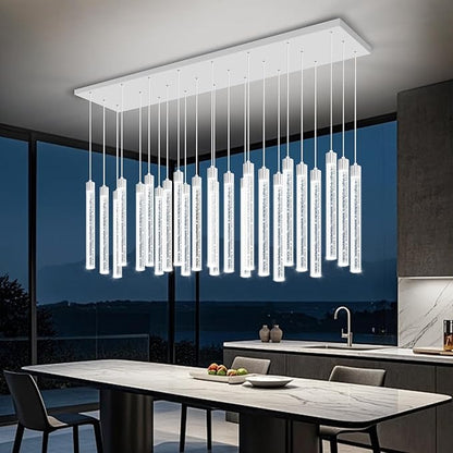 Modern Rectangular Crystal Chandeliers LED Dimmable Crystal Column Chandelier Living Room Foyer Crystals Pendant Light for Dining Room Adjustable Height 24-Light Silver