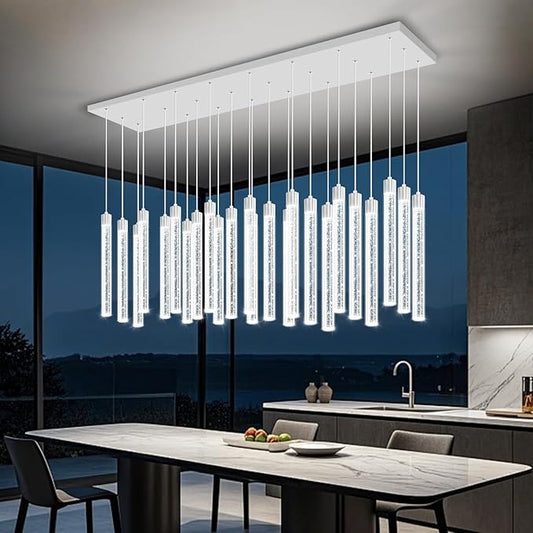 Modern Rectangular Crystal Chandeliers LED Dimmable Crystal Column Chandelier Living Room Foyer Crystals Pendant Light for Dining Room Adjustable Height 24-Light Silver