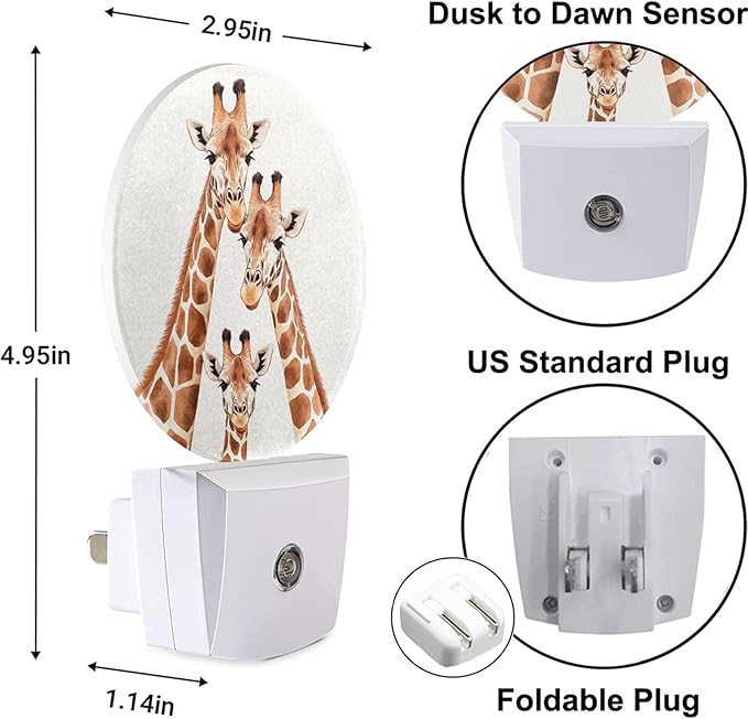 Funny Giraffes Night Lights Plug into Wall African Safari Animal Long Neck Spotted Skin Plug-in Nightlight Auto on/Off Dim Light Sleep Friendly for Boys Girls Men Women Room Decor