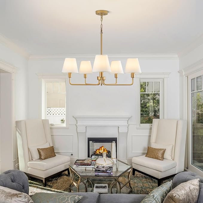 Gold Chandeliers for Dining Room 30” Bedroom Light Fixture with White Fabric Shade 5-Light Modern Farmhouse Chandelier Adjustable Pendant Lighting Fixtures for Kitchen Island,Living Room,Entryway