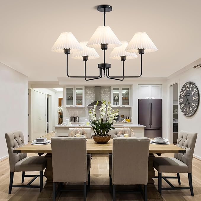 Farmhouse Chandelier, 5-Light Modern Chandelier with White Pleated Fabric Shades, Black Dining Room Light Fixture Chandelier for Dining Room Bedroom Hallway Kitchen Island, Height Adjustable