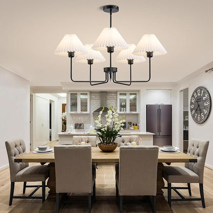Farmhouse Chandelier, 5-Light Modern Chandelier with White Pleated Fabric Shades, Black Dining Room Light Fixture Chandelier for Dining Room Bedroom Hallway Kitchen Island, Height Adjustable