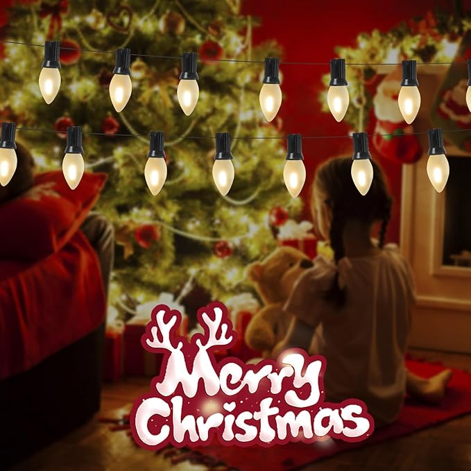 C7 LED Christmas Lights 25Ft Frosted White Outdoor String Lights with 27 Warm White LED Bulbs (2 Spare), Vintage Christmas String Lights for Garden Wedding Party Xmas Decoration