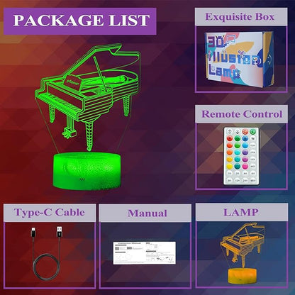 Piano Night Light, Instrument Gifts, Piano 3D Illusion Lamp with 16 Colors Changing, Timer, 4 Flash Modes and Dimmable, Kids Boys Girls Room Decoration, Holiday Xmas Music Gifts