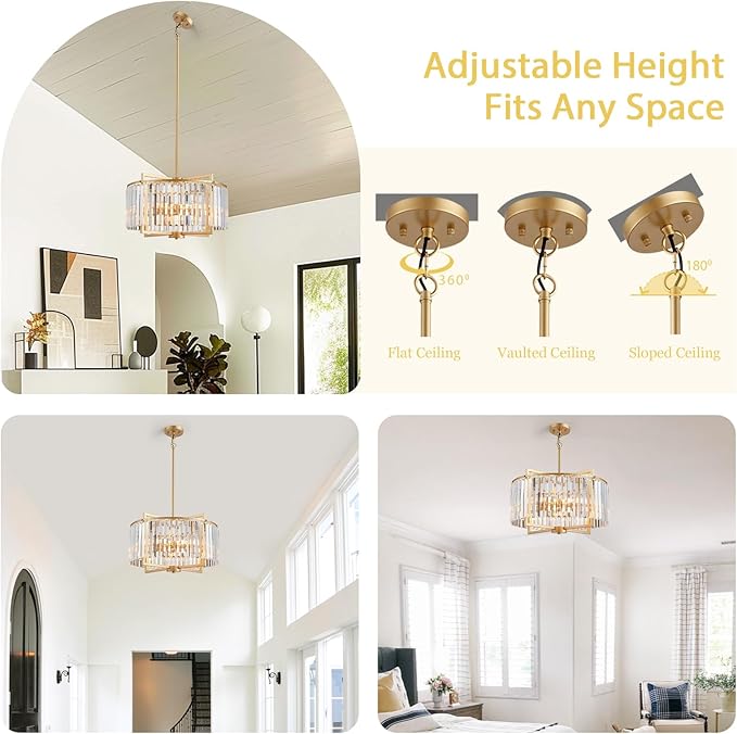 Modern Drum Crystal Chandelier for Dining Room, 20" Round Rustic 5-Light Gold Pendant Lightting Fixture for Living Room Kitchen Island Bedroom Hallway Foyer