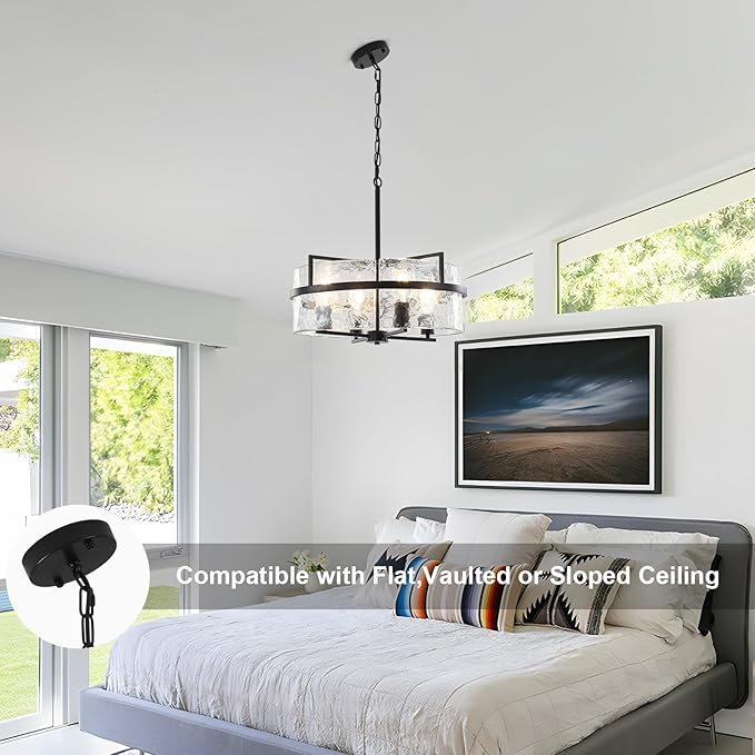 Black Drum Chandelier,19.7" Modern Water Ripple Glass Chandeliers Over Table 4-Light Large Round Hanging Pendant Light Fixtures for Dining Room Living Room Foyer Bedroom Kitchen Island,E26