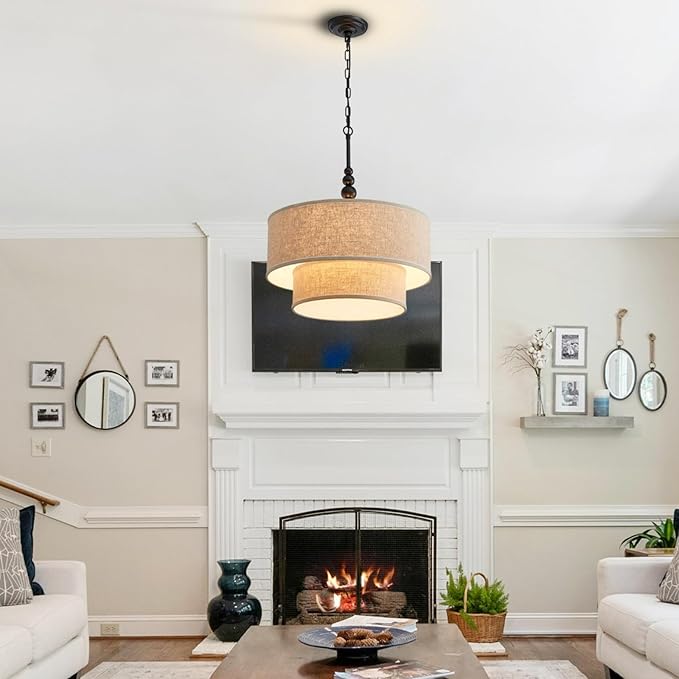 Shrine Lighting Double Drum Chandeliers, Farmhouse Style, Perfect Drum Pendant Light for Dining Room, D20'' x H10'', Adjustable Chains 55'', E12*4 Sockets, Beige Linen Fabric Lampshade & Black Rod