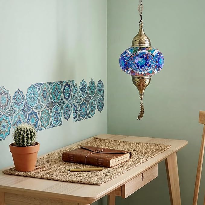 Turkish Moroccan Mosaic Pendant Light - Handcrafted Tiffany Style Swag Lamp with 15ft Cord, Vintage Glass Ceiling Fixture Lighting for Mediterranean Decor (Blue1)