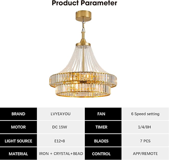24“ Modern Crystal Chandelier Ceiling Fan with Lights, Remote & App Control, 6-Speed Reversible Large Fandelier, Double Layer Design for Bedroom, Living Room (Luxury Gold)