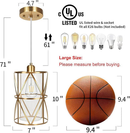 Brushed Gold Pendant Light, 7"×10" Dual-Shade Kitchen Island Lighting with Clear Glass Shade, E26 Adjustable Height 1"-61", UL Listed, for Dining Room Foyer Entryway — Bulbs Not Included