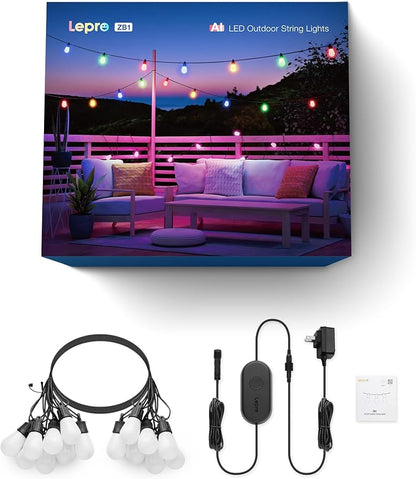 Lepro ZB1 AI Smart Outdoor String Lights, 54(42+12) ft RGB+IC+Warm White Outside Light with 15 Plastic LED Bulbs, Music Sync, Alexa Google Enable, 2.4 GHz WiFi+Bluetooth (APP Control, No Remote)