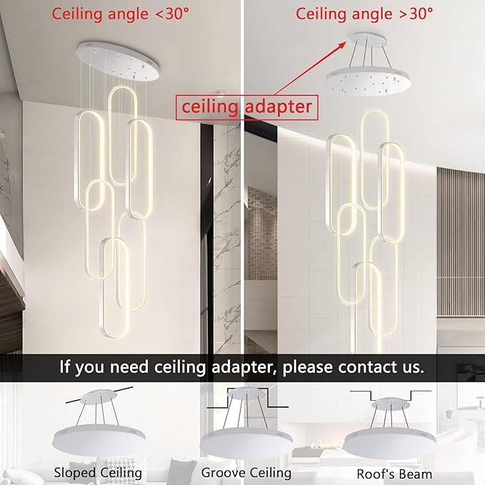 6 Rings Modern Chandelier LED Dimmable Pendant Lighting High Ceiling Chandelier for Entrance Foyer Lobby Living Room Staircaes Sliver 78.7''