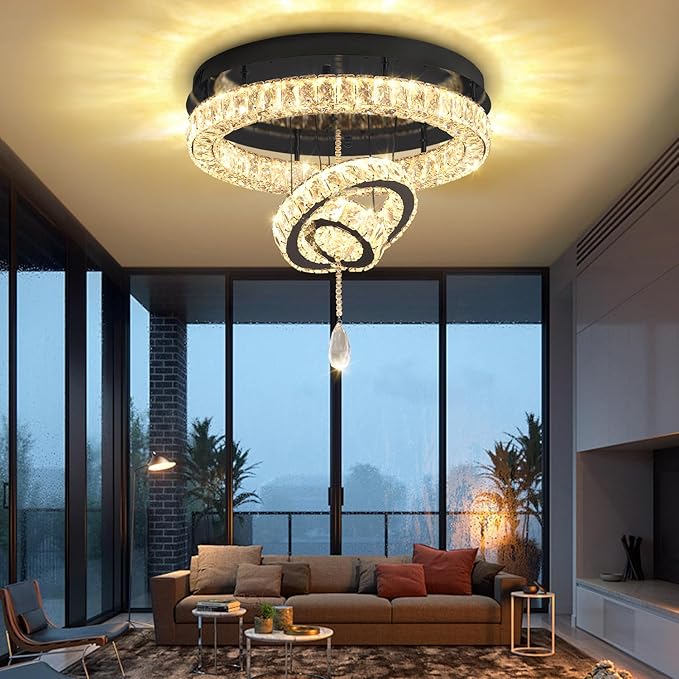 Flashing God Modern Crystal Chandelier Bedroom Chandeliers Flush Mount Ceiling Chandelier Light Fixture for Dining Room Entrance LED Dimmable Black Ring Chandeliers